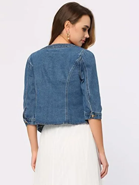🆕 Denim Jacket for Women's Collarless Cardigan 3/4 Sleeve Crop Jean Jackets - Picture 2 of 7